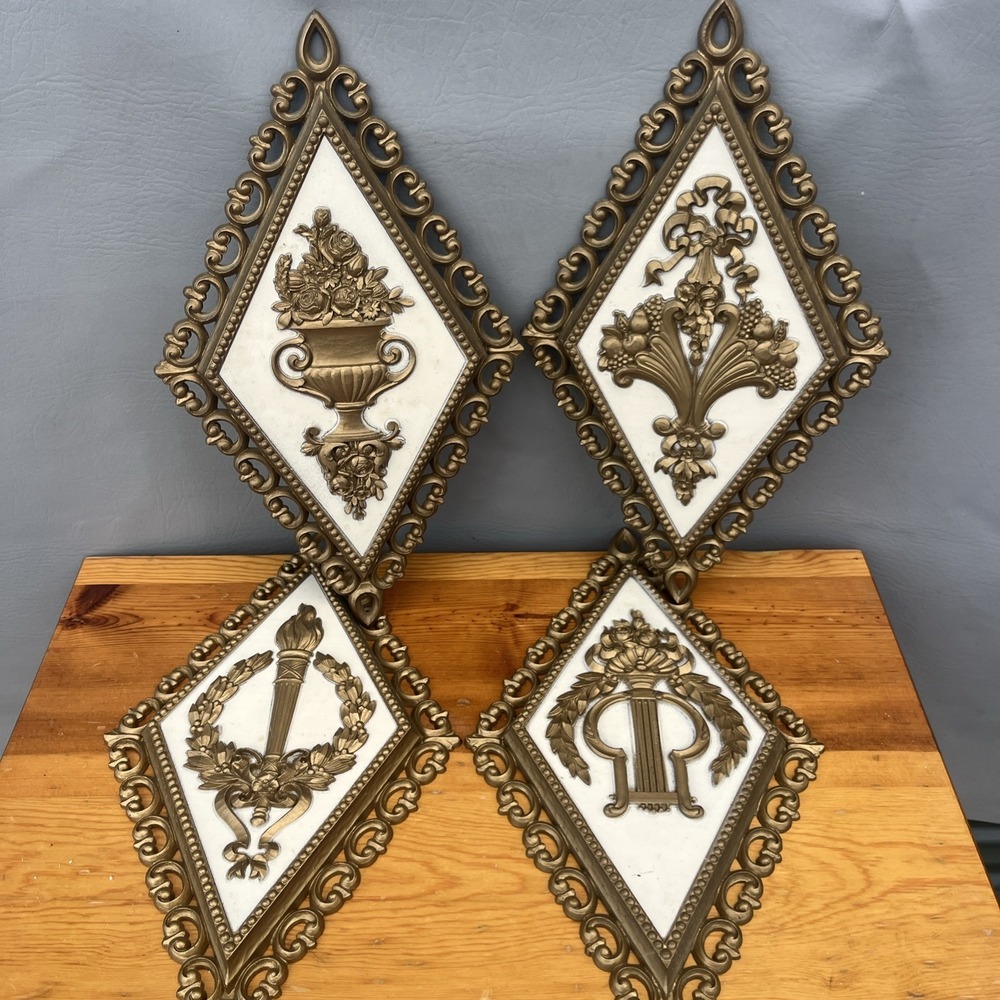 Homco Diamond Wall Hang Plaques Floral Gold Decor Hollywood MCM Set 4 Vintage 70
